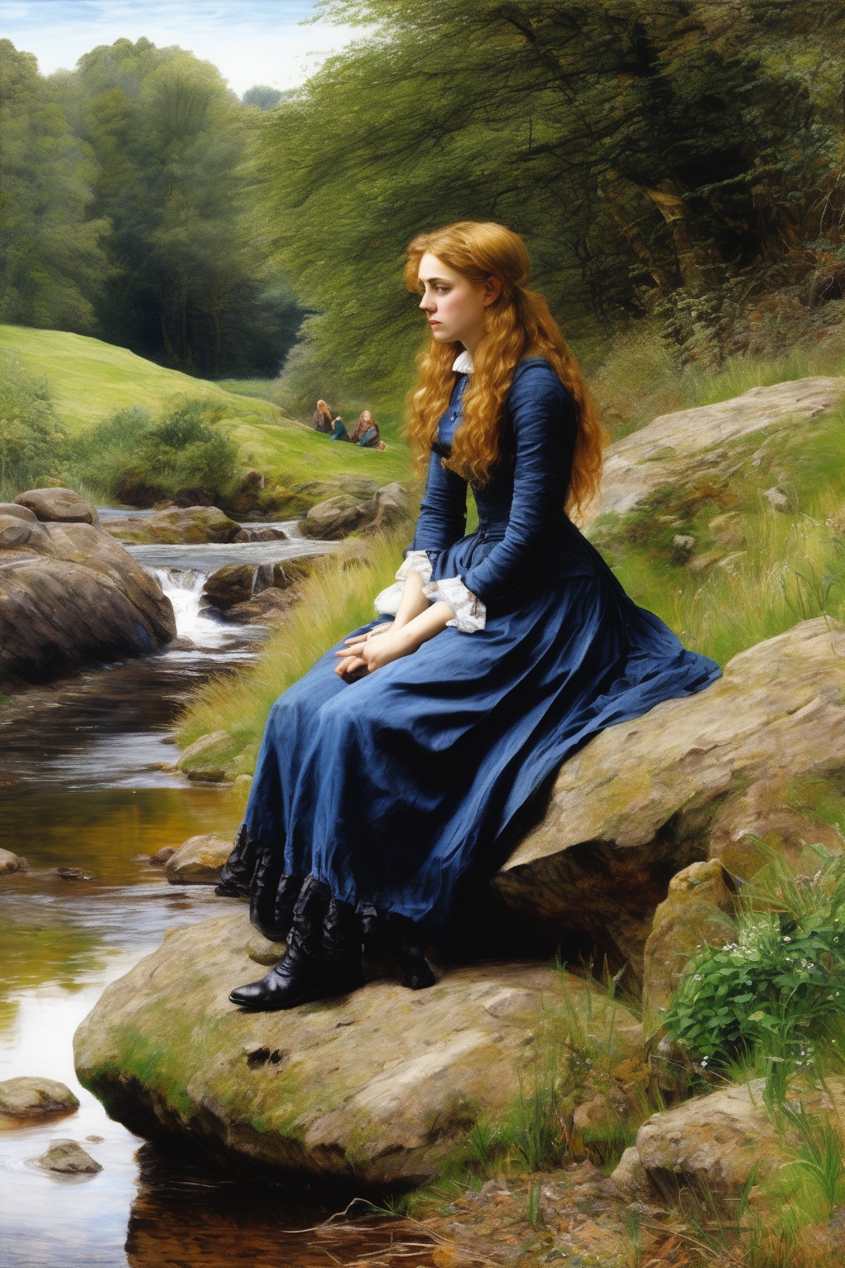 John Everett Millais Style - attractive WOMEN sitting on a rock Looking towards the stream ultra detailed, hyper realistic...